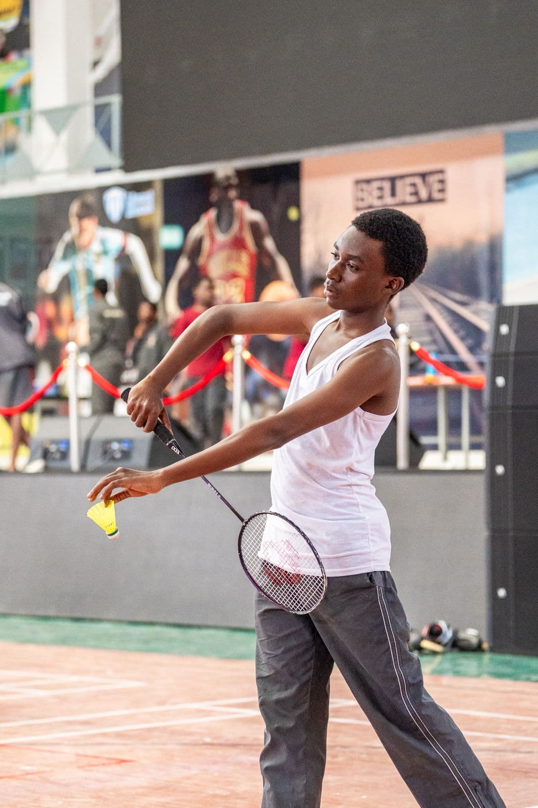 Merishaw School student preparing a badminton serve