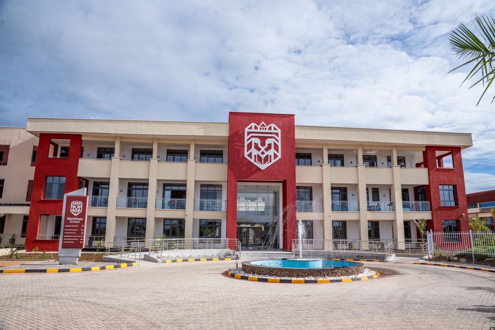 Merishaw School administration block and entrance fountain