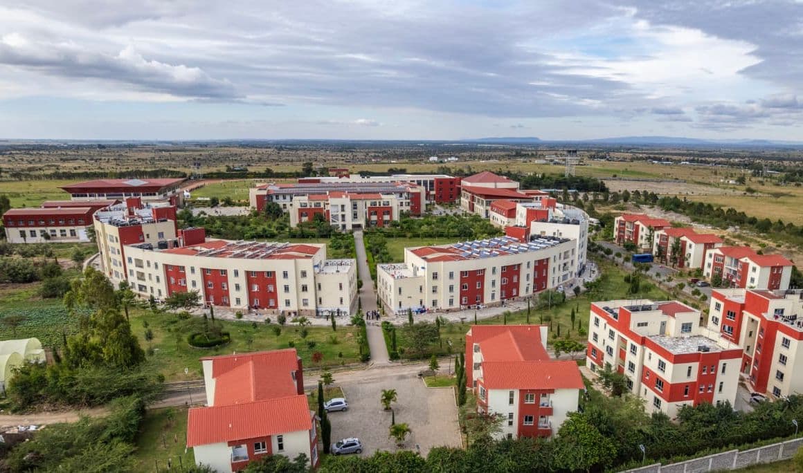 Wide aerial view of Merishaw School residential and learning blocks