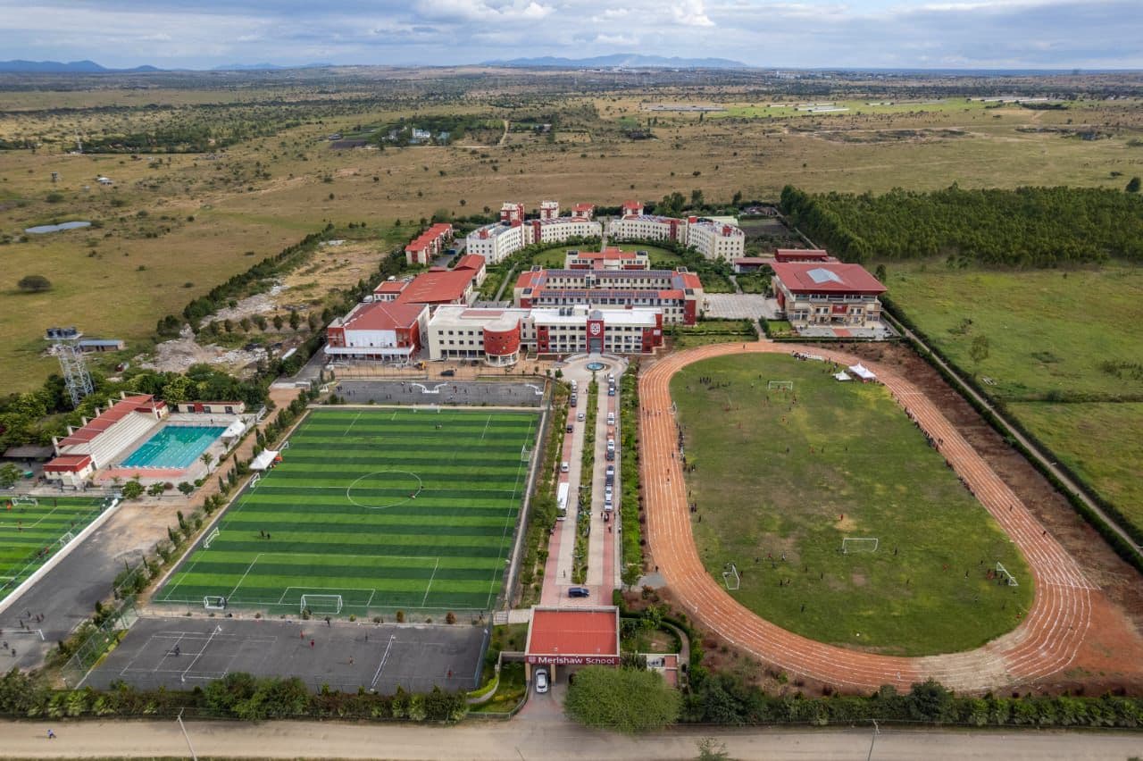 Aerial view of Merishaw School sports grounds and campus