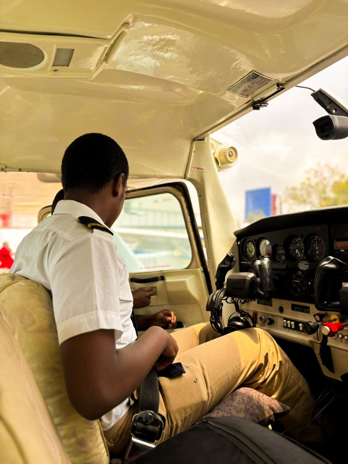 Merishaw School aviation student exploring an aircraft cockpit