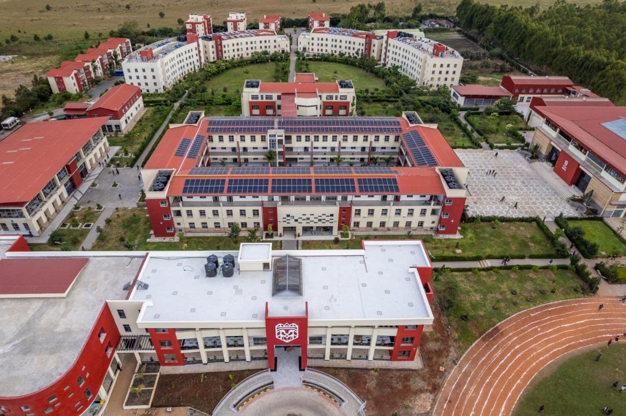 Aerial view of Merishaw School showing its concentric campus design